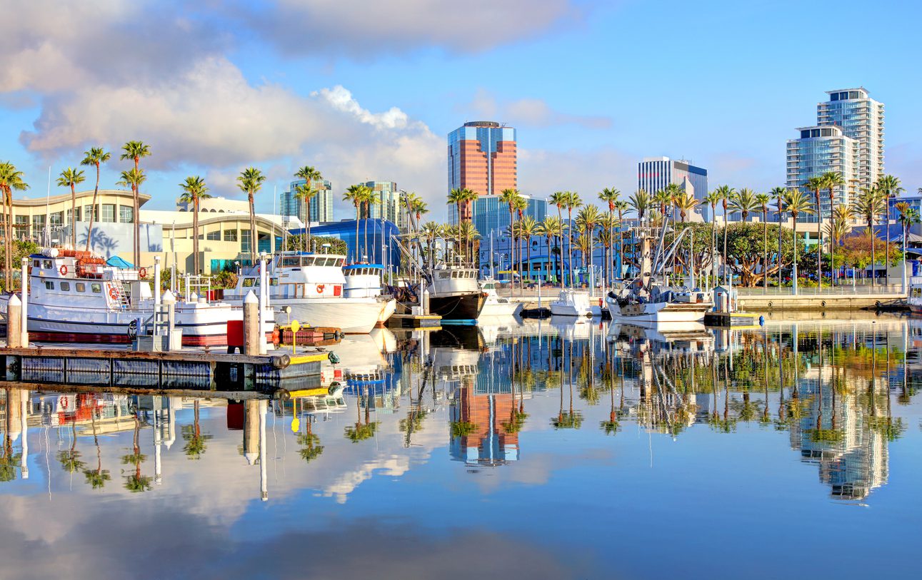 Long Beach Harbor dock with skyline with clear skies and palm trees