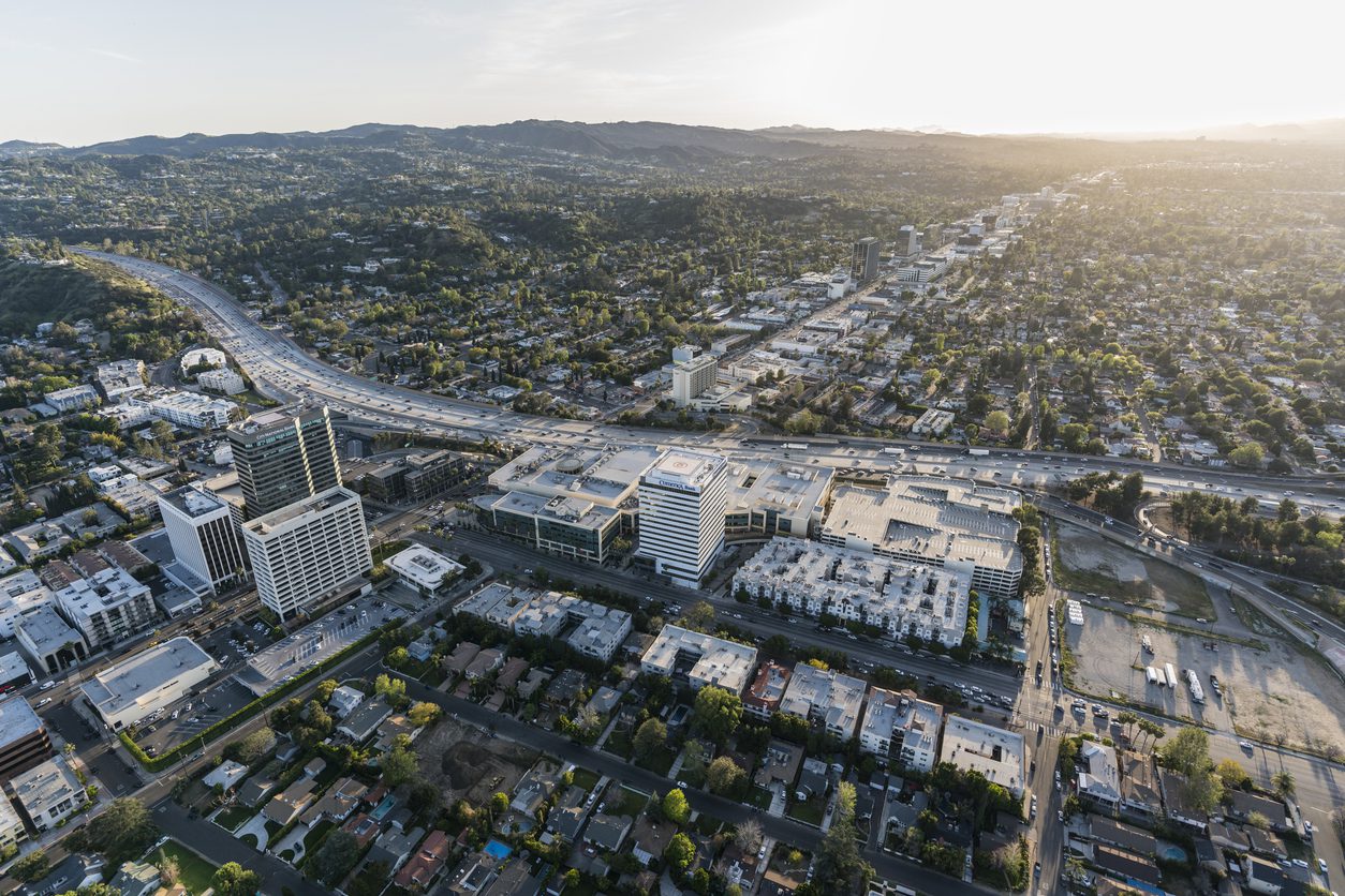 Aerial view of downtown with roads and buildings